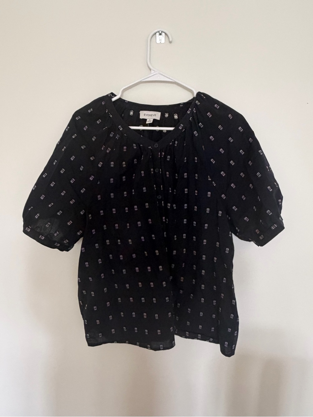 Evereve blue/ navy Short-Sleeve Peasant Blouse with Tiny White Motifs